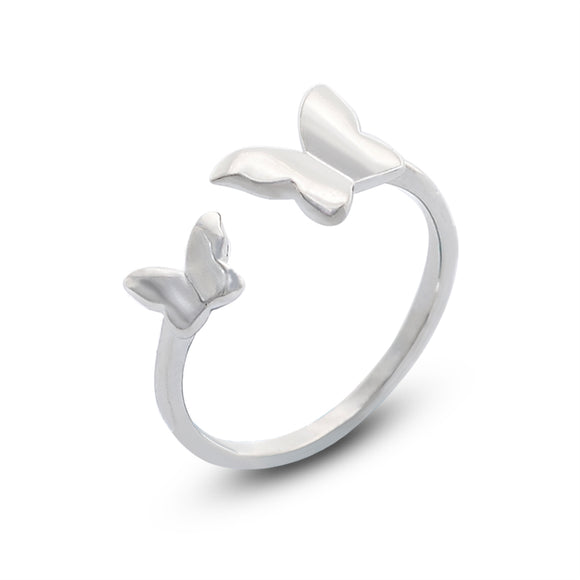 Polished Silver Double Butterfly Open End Fashion Ring