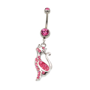 Pink Gem Cat Dangling Belly Button Rings - TSZjewelry