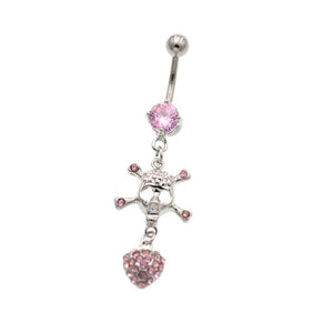 Pink Gem Heart With Skull Belly Button Rings - TSZjewelry