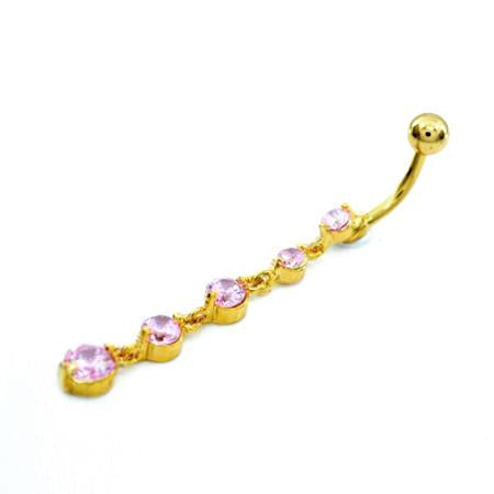 Pink Gem Cz Gold Descending Drop Dangling Belly Rings - TSZjewelry