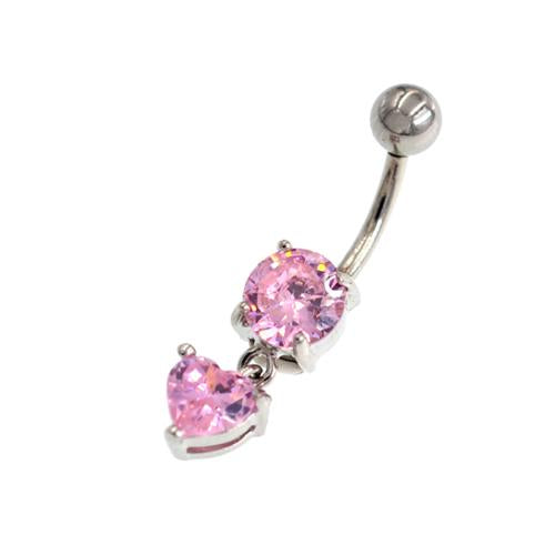 Pink CZ Heart Dangling Belly Button Rings - TSZjewelry
