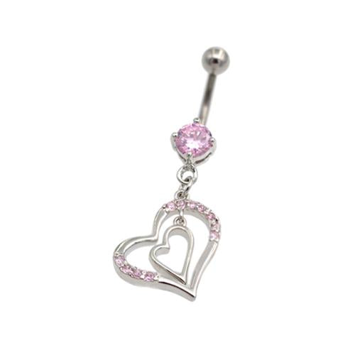 Pink CZ Double Heart Dangling Belly Rings - TSZjewelry