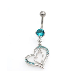 Aqua CZ Double Heart Dangling Belly Rings - TSZjewelry