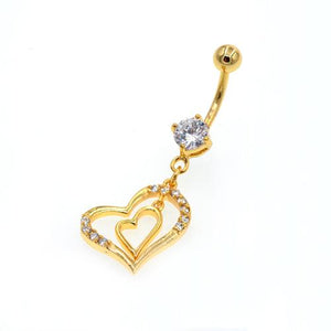 Clear CZ Double Heart Gold Belly Button Rings - TSZjewelry