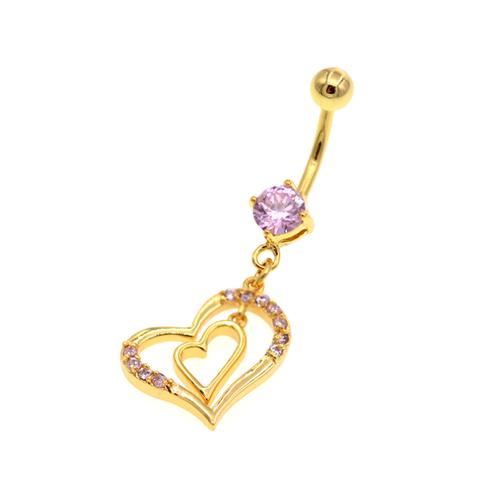 Pink CZ Double Heart Gold Belly Button Rings - TSZjewelry