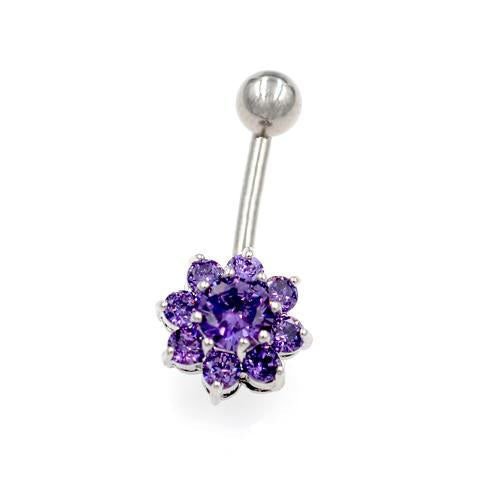 Purple CZ Sunburst Flower Belly Buton Rings - TSZjewelry