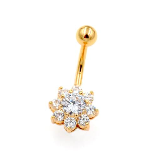 Clear CZ Sunburst Flower Gold Belly Rings - TSZjewelry