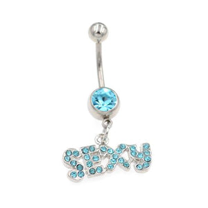 Sexy Letter String Aqua Gem Paved Belly Rings - TSZjewelry