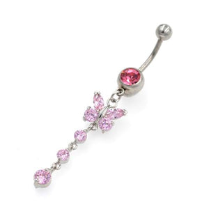 Pink Gem Butterfly Dewdrop Belly Rings - TSZjewelry