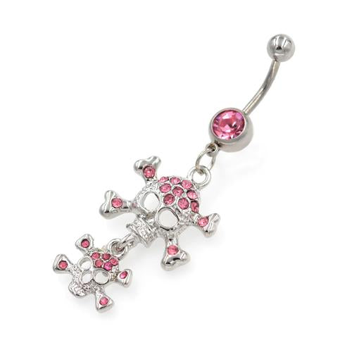 Double Pink Gem Skull Belly Button Rings - TSZjewelry