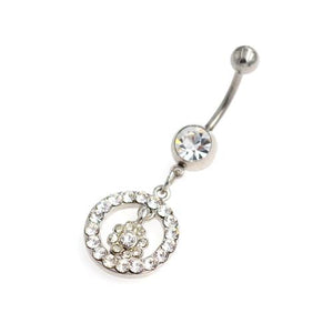 Clear Gem Flower Inside Circle Belly Button Rings - TSZjewelry
