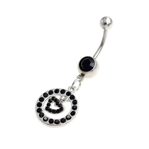 Black Gem Heart Inside Circle Belly Button Rings - TSZjewelry