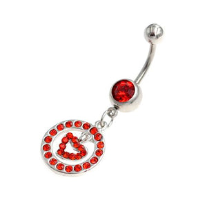Red Gem Heart Inside Circle Belly Button Rings - TSZjewelry