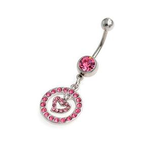 Pink Gem Heart Inside Circle Belly Button Rings - TSZjewelry