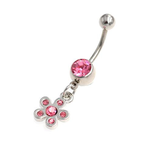 Pink Hawaiian Flower Dangling Belly Button Rings - TSZjewelry