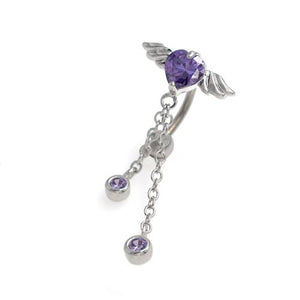 Purple CZ Heart Angel Wings Top Down Belly Rings - TSZjewelry