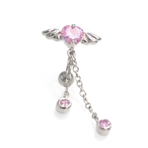 Pink CZ Heart Angel Wings Top Down Belly Rings - TSZjewelry