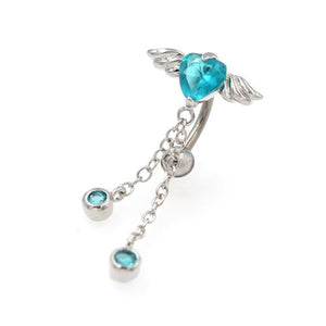 Aqua CZ Heart Angel Wings Top Down Belly Rings - TSZjewelry