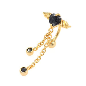 Gold Black CZ Heart Angel Wings Top Down Belly Rings - TSZjewelry