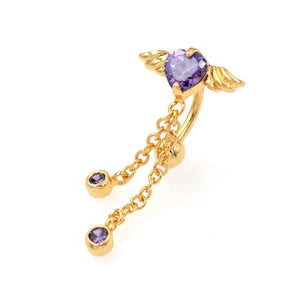 Gold Purple CZ Heart Angel Wings Top Down Belly Rings - TSZjewelry