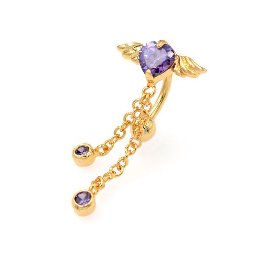 Gold Purple CZ Heart Angel Wings Top Down Belly Rings - TSZjewelry
