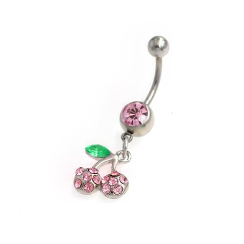 Pink Gem Dangling Cherry Belly Button Rings - TSZjewelry