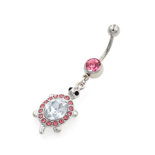 Pink and Clear Gem Dangling Tortoise Belly Rings - TSZjewelry