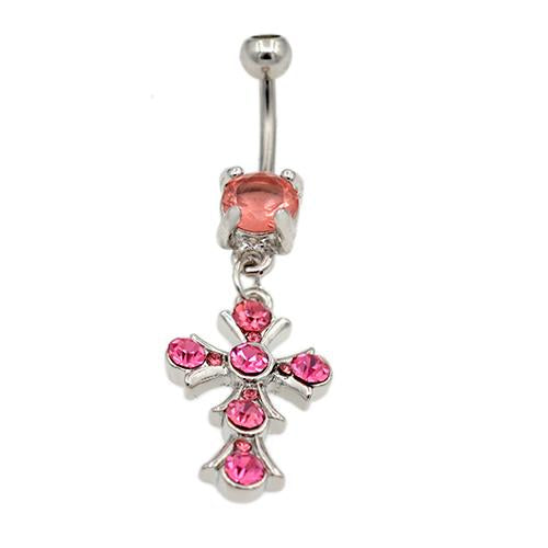Pink Gem Pectoral Cross Belly Button Rings - TSZjewelry