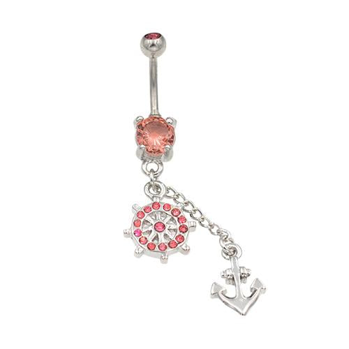 Pink Gem Ship Wheel Anchor Belly Button Rings - TSZjewelry
