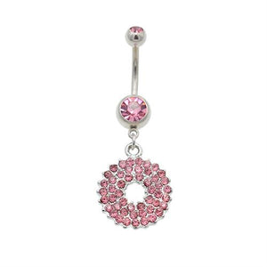 Pink Gem Paved Circle Dangling Belly Button Rings - TSZjewelry