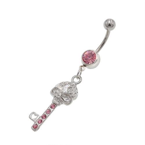 Pink Gem Skull Key Dangling Belly Button Rings - TSZjewelry