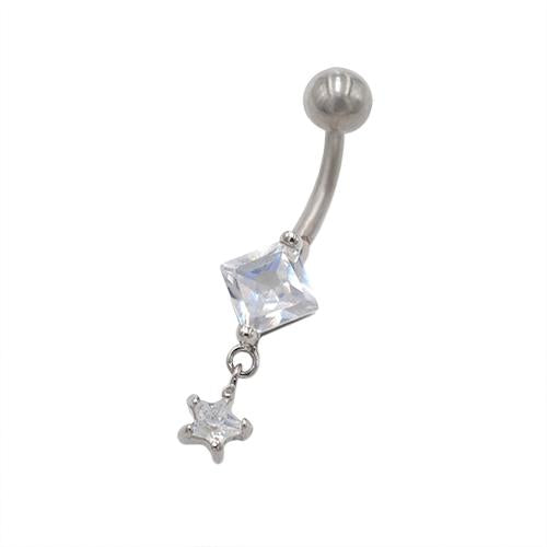 Clear CZ Square Head Dangling Star Belly Rings - TSZjewelry