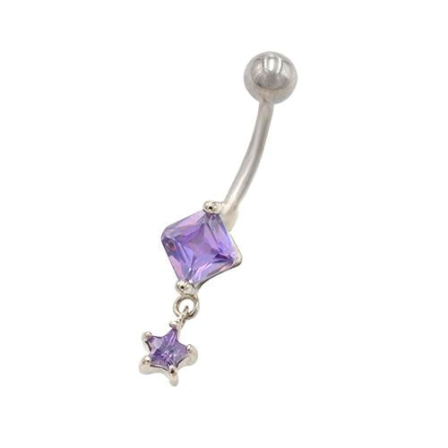 Purple CZ Square Head Dangling Star Belly Rings - TSZjewelry