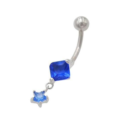 Blue CZ Square Head Dangling Star Belly Rings - TSZjewelry