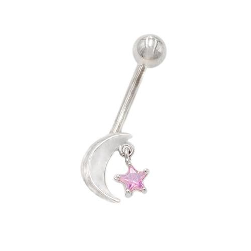 Pink CZ Star Moon Non Dangling Belly Rings - TSZjewelry