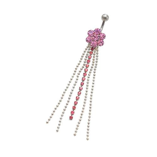 Pink Gem Sunburst Flower Tassel Belly Rings - TSZjewelry