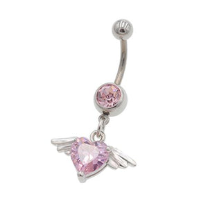Pink CZ Heart Angel Wings Dangling Belly Rings - TSZjewelry
