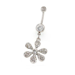 Clear Gem Lily Flower Dangling Belly Button Rings - TSZjewelry