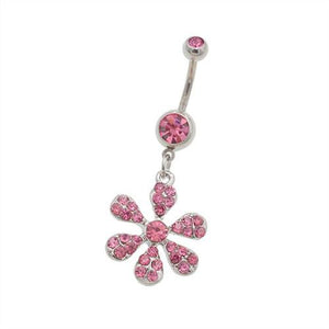 Pink Gem Lily Flower Dangling Belly Button Rings - TSZjewelry