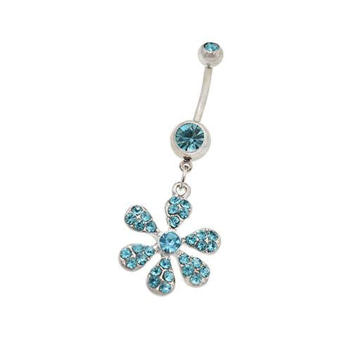 Aqua Gem Lily Flower Dangling Belly Button Rings - TSZjewelry
