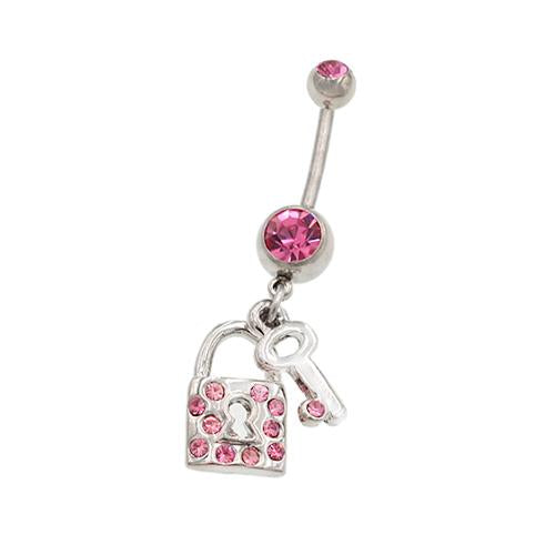 Pink Gem Key & Lock Dangling Belly Button Rings - TSZjewelry