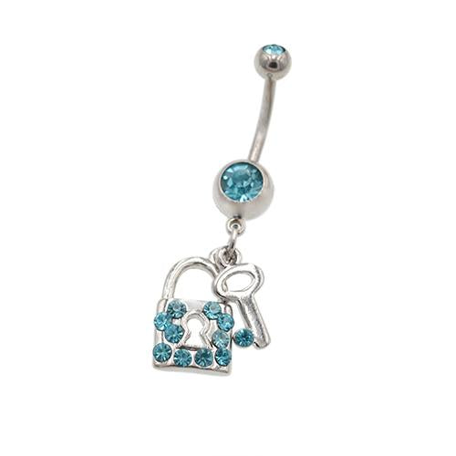 Aqua Gem Key & Lock Dangling Belly Button Rings - TSZjewelry