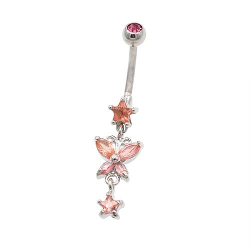 Pink Gem Star Dangling Butterfly Belly Button Rings - TSZjewelry