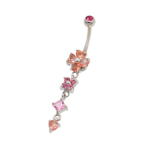 Pink Gem Clover Drop Dangling Belly Button Rings - TSZjewelry