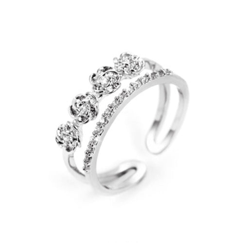 Double Row Four Flower Stackable Silver Fashion Ring