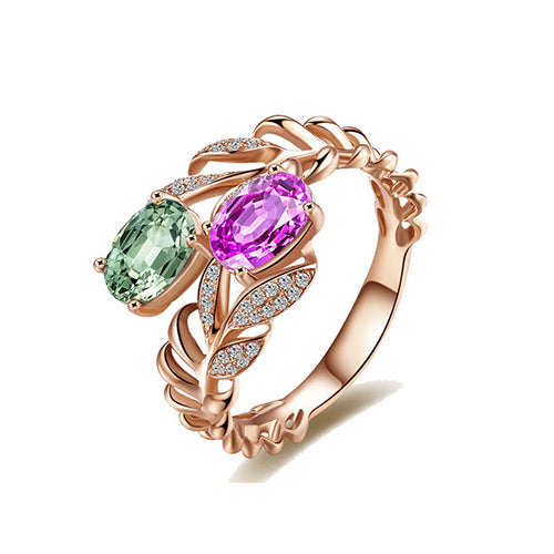 Multi Color Gemstone Leaf Rose Gold Ring - TSZjewelry