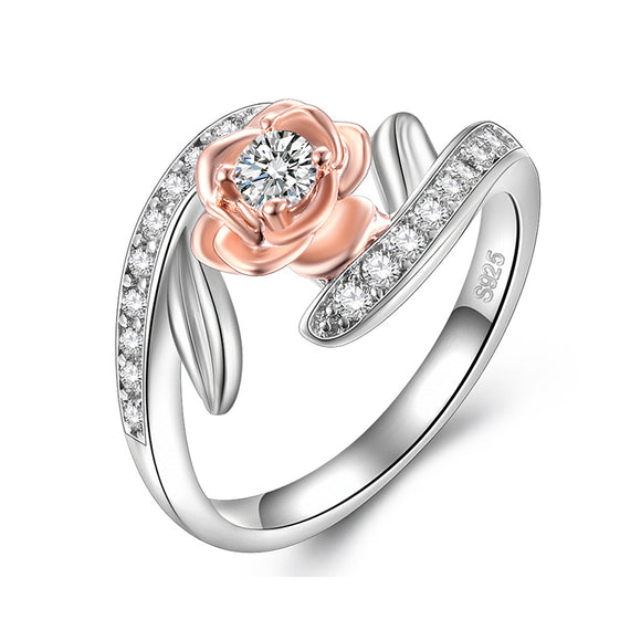 Diamond Rose Split Shank Two Tone Flower Promise Ring