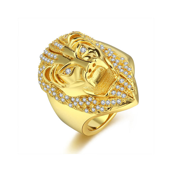 10K Yellow Gold Diamond Inlay Lion's Head Men Fashion Ring