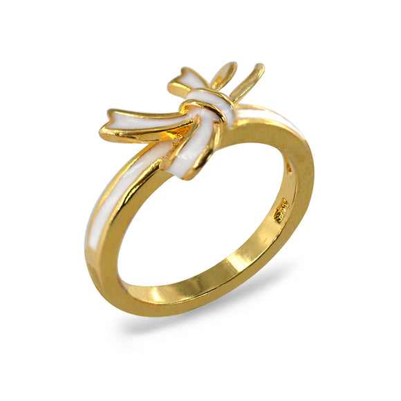 Yellow Gold White Enameled Bowknot Fashion Ring